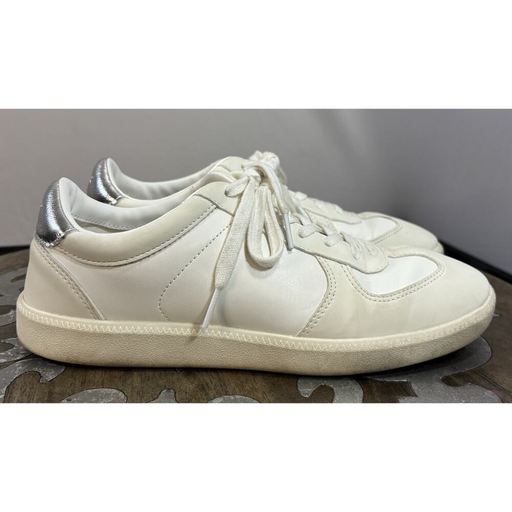 J.Crew White Low Top Sneakers Silver Heel Lace Up Women 8 Minimalist Clean Girl